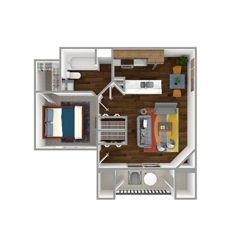 A floor plan of a small apartment with a kitchen, living room, and bathroom.